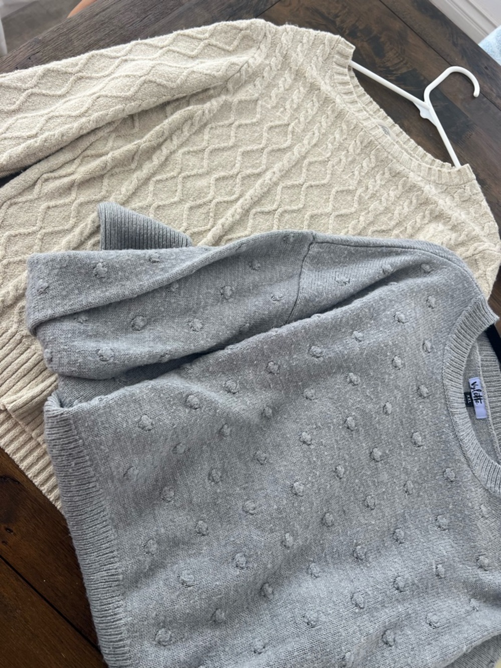 Neutral Cable & Dot Knit Sweaters - Cream and Light Gray